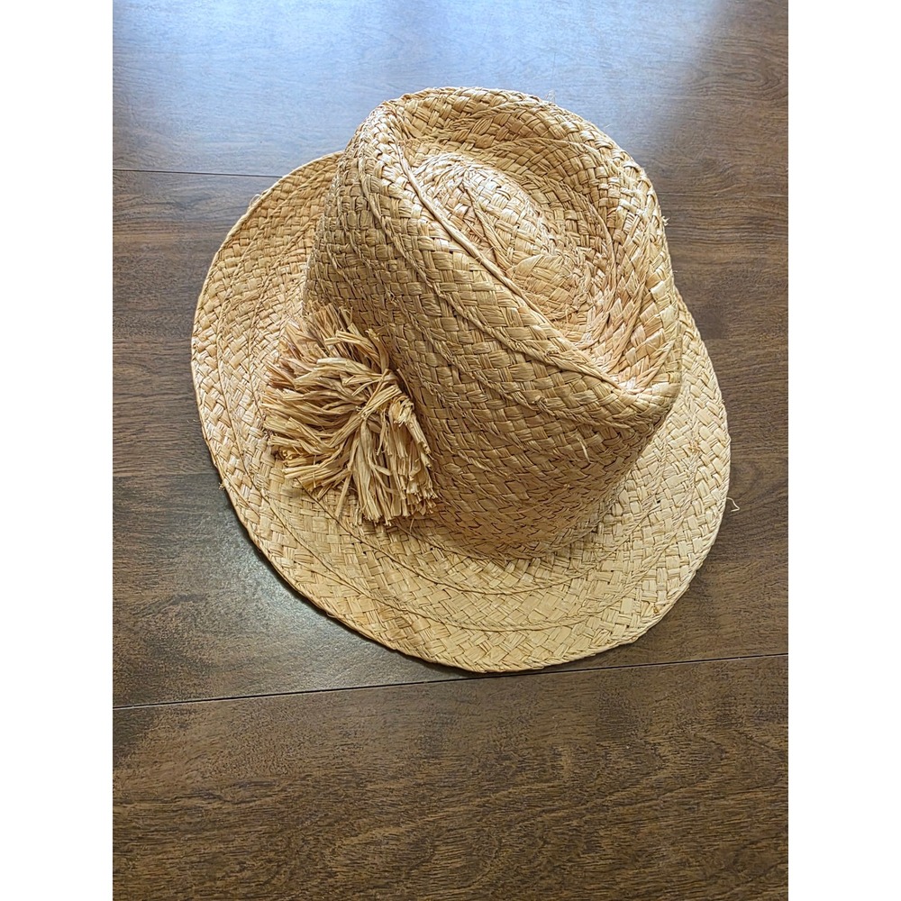 Old Navy Tan Woven Straw Fedora Hat Raffia Pom Pom Accent Size S/M Summer Boho